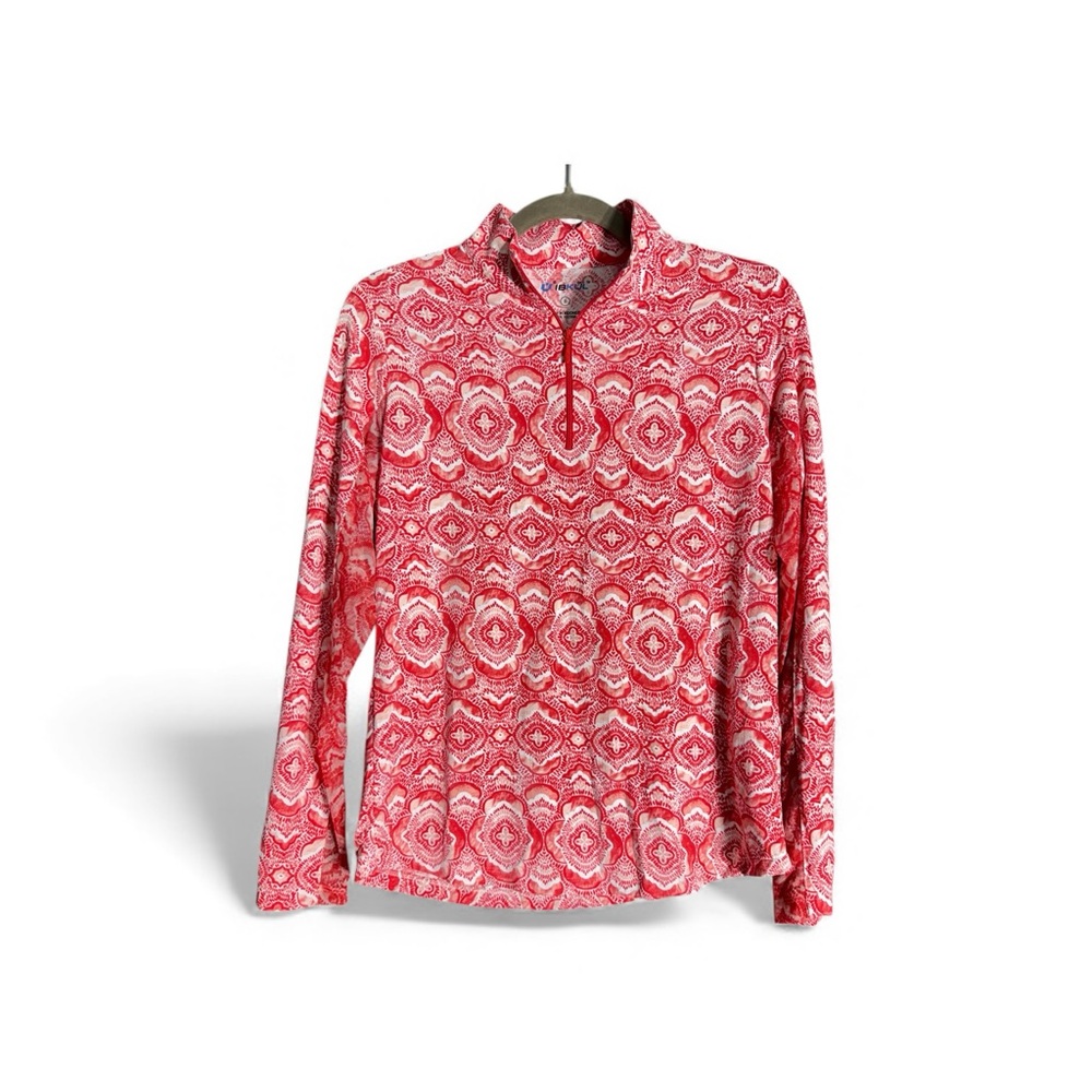IBKUL Venetian Tile Coral Red White Small long Sleeve Mock Zip Golf Tennis Shirt